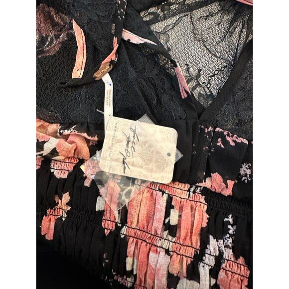 Free People Daphne Lace Black White Pink Long Sleeve Sheer Detail Blouse Size XS - Picture 3 of 5